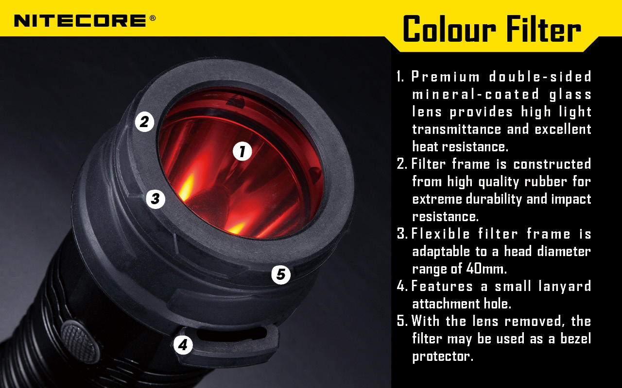 NiteCore NFR40 Red Lens Filter Diffuser for TM03 P16TAC SRT7GT EF1 Flashlight